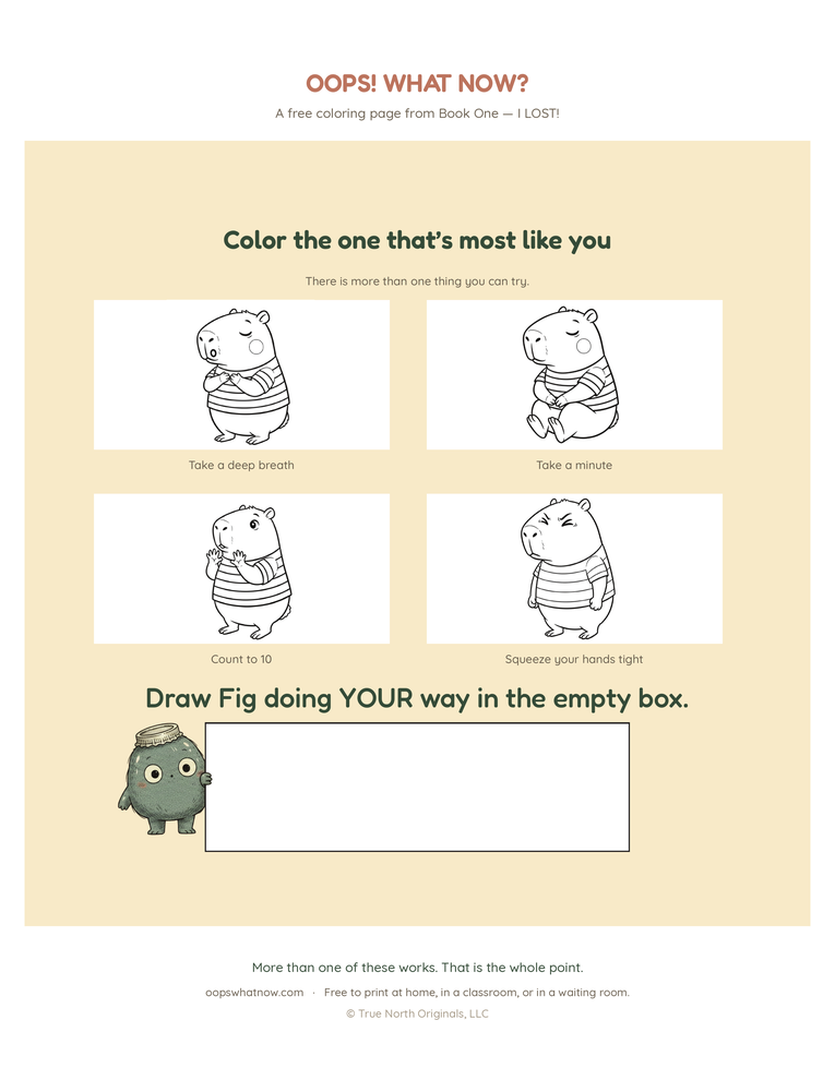 Preview of the I LOST! coloring page: four boxes showing Fig taking a deep breath, taking a minute, counting to 10 and squeezing his hands tight, plus an empty box to draw in.