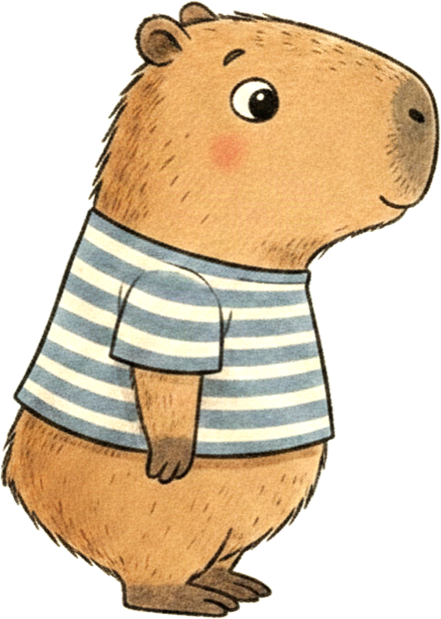 Fig, a round capybara in a dusty-blue-and-cream striped tee.