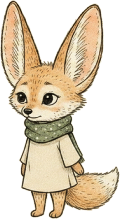 Nook, a fennec fox with tall cream-lined ears, a cream tunic and a sage scarf.