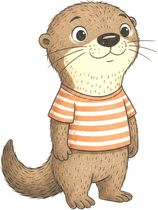 Ripple, a brown otter in an orange-and-white striped tee.