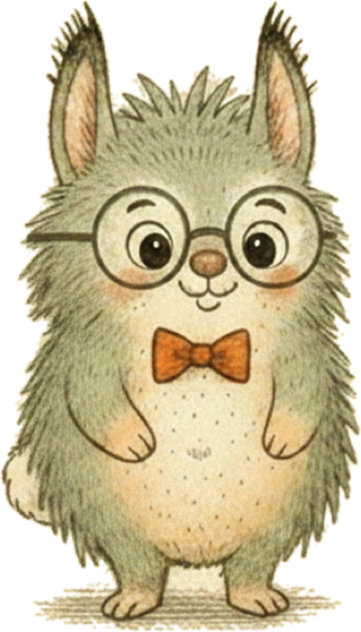 Slate, a small grey-green creature with round glasses and a rust bow tie.