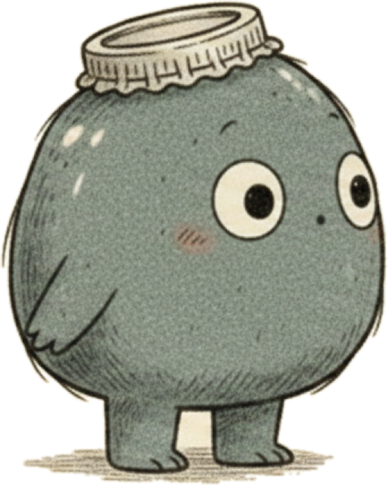 Slurp, a small round grey-blue creature wearing a bottle cap as a hat.